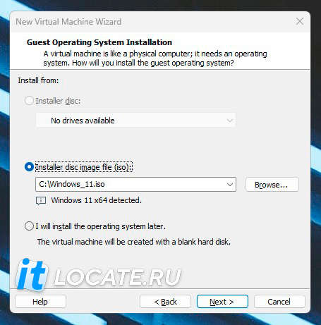окно выбора образа с операционной системой при создания новой виртуальной машины в программе VMware Workstation 17 Pro