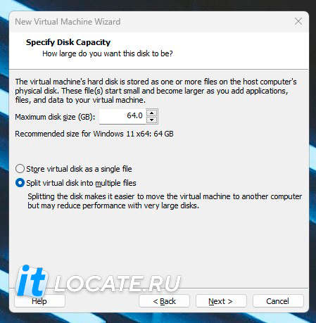 окно выбора Specify Disk Capacity при создания новой виртуальной машины в программе VMware Workstation 17 Pro