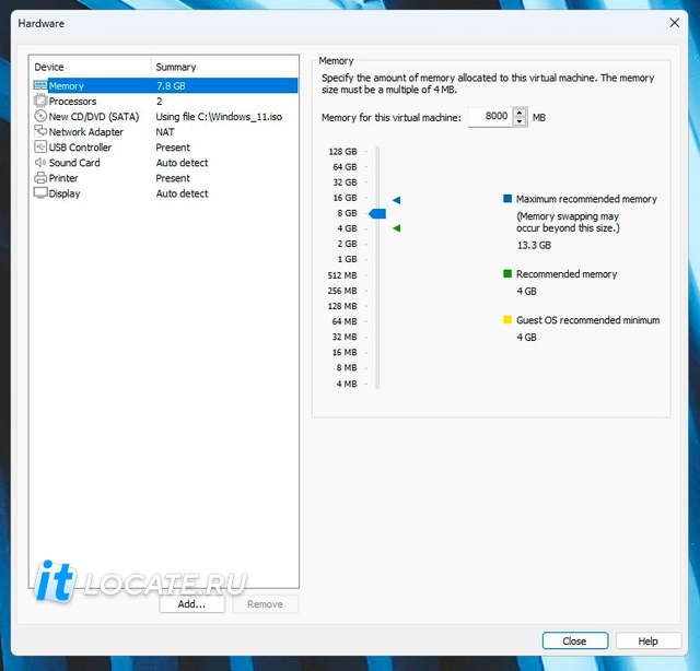 настройка виртуальной машины, установка объема операпивной памяти под MS Windows 11 в программе VMware Workstation 17 Pro