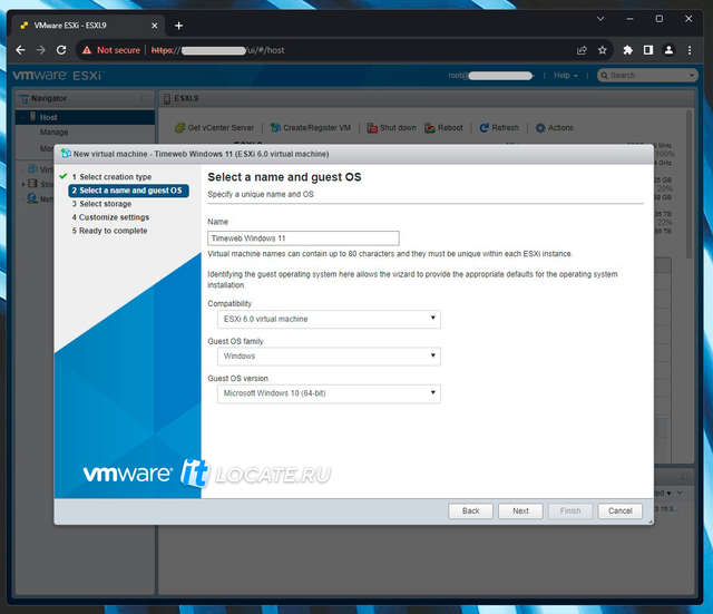создание новой вирутальной машины под windows 11 в VMware ESXi через веб-интерфейс гипервизора