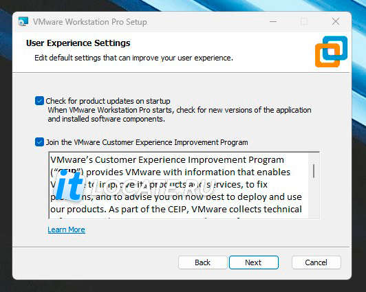 User Experience Setup окно установки VMware Workstation 17 Pro